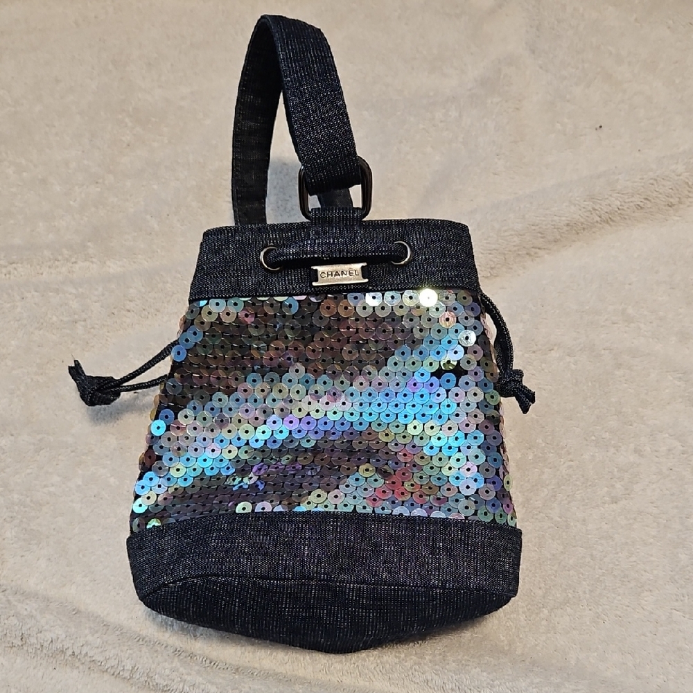 CHANEL Denim Iridescent Sequin Mini Bucket Bag